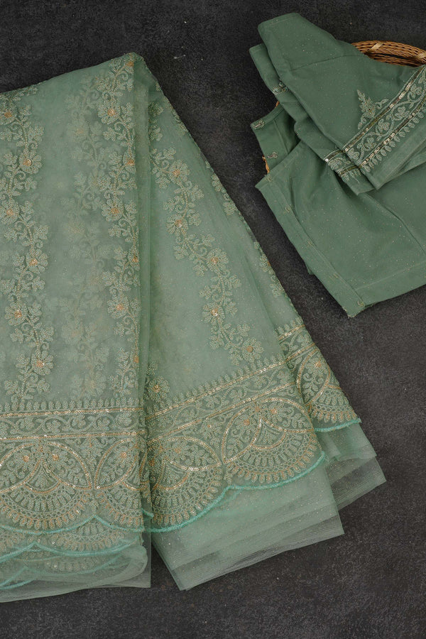 SEO-DONE - [NEED BLOUSE PIC] Women's Green Net and Cut Work Sarees with Blouse stitched