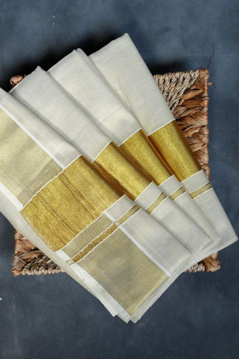 Elegant Kerala Cotton, Onam Saree with Rich Golden Zari Border