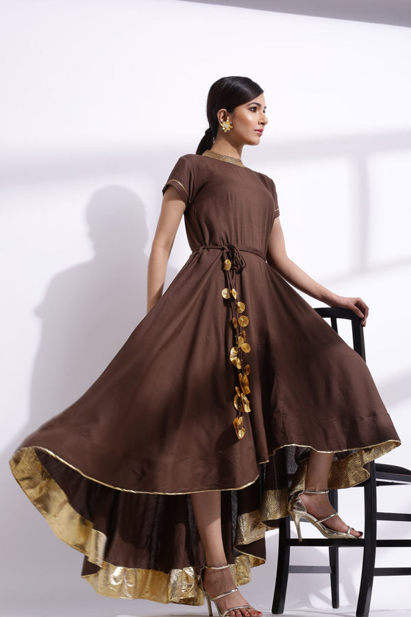 Gota Detailing Fishtail Dress brown solid -JCS Fashions