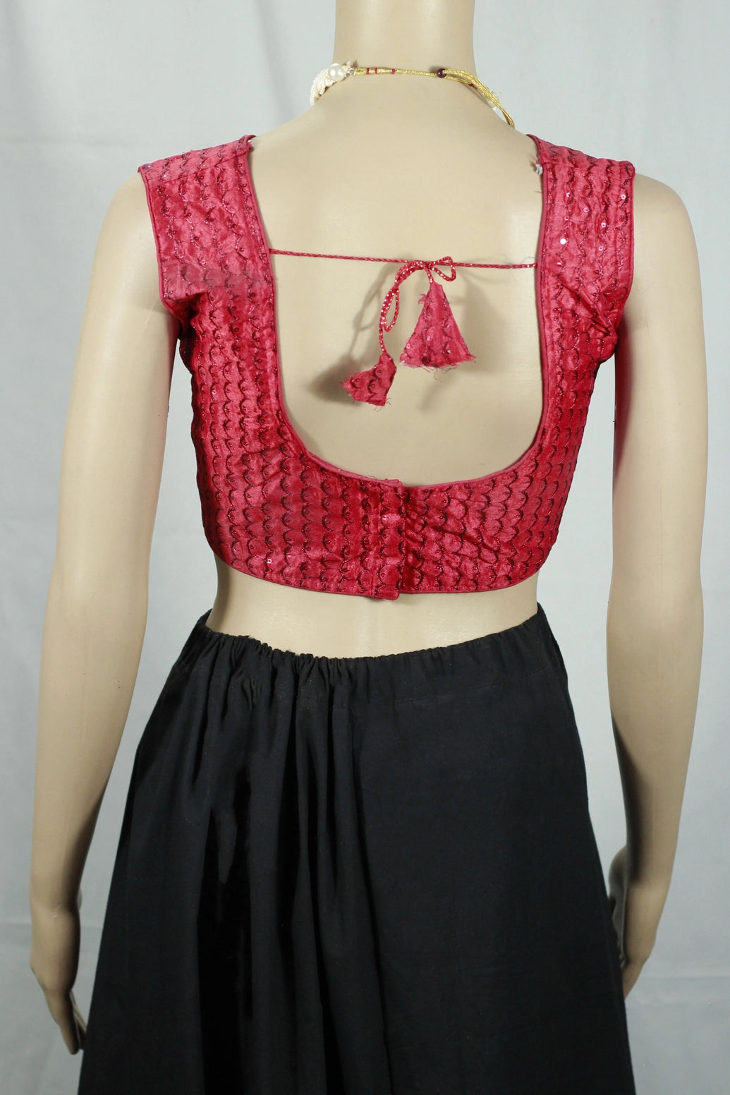 Red Readymade Designer Padded Blouse with Sequin-Embroidered Work, V-Neck, Sleeveless Back Knot