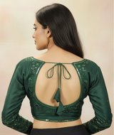 Green Sequence Padded Full Sleeve Designer Blouse with Back Knot, Readymade Fully Stitched