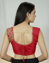 Red Readymade Designer Padded Blouse with Golden Aari Work Floral Motifs, Sleeveless Back Knot, Fully Stitched