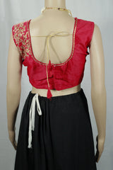 Red Designer Padded Blouse With Golden Aari Work Floral Motifs, Back Knot & Sleeveless Design