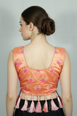 Light Orange Designer Padded Blouse with Heavy Jari Work, Tassel Detailing and Back Knot for Women