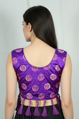 Purple Designer Padded Blouse with Jari Work & Tassels, Fully Stitched, Back Knot, Elbow Sleeves