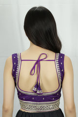 Purple Readymade Padded Designer Blouse with Zari Border, Deep Neck and Back Knot, Fully Stitched