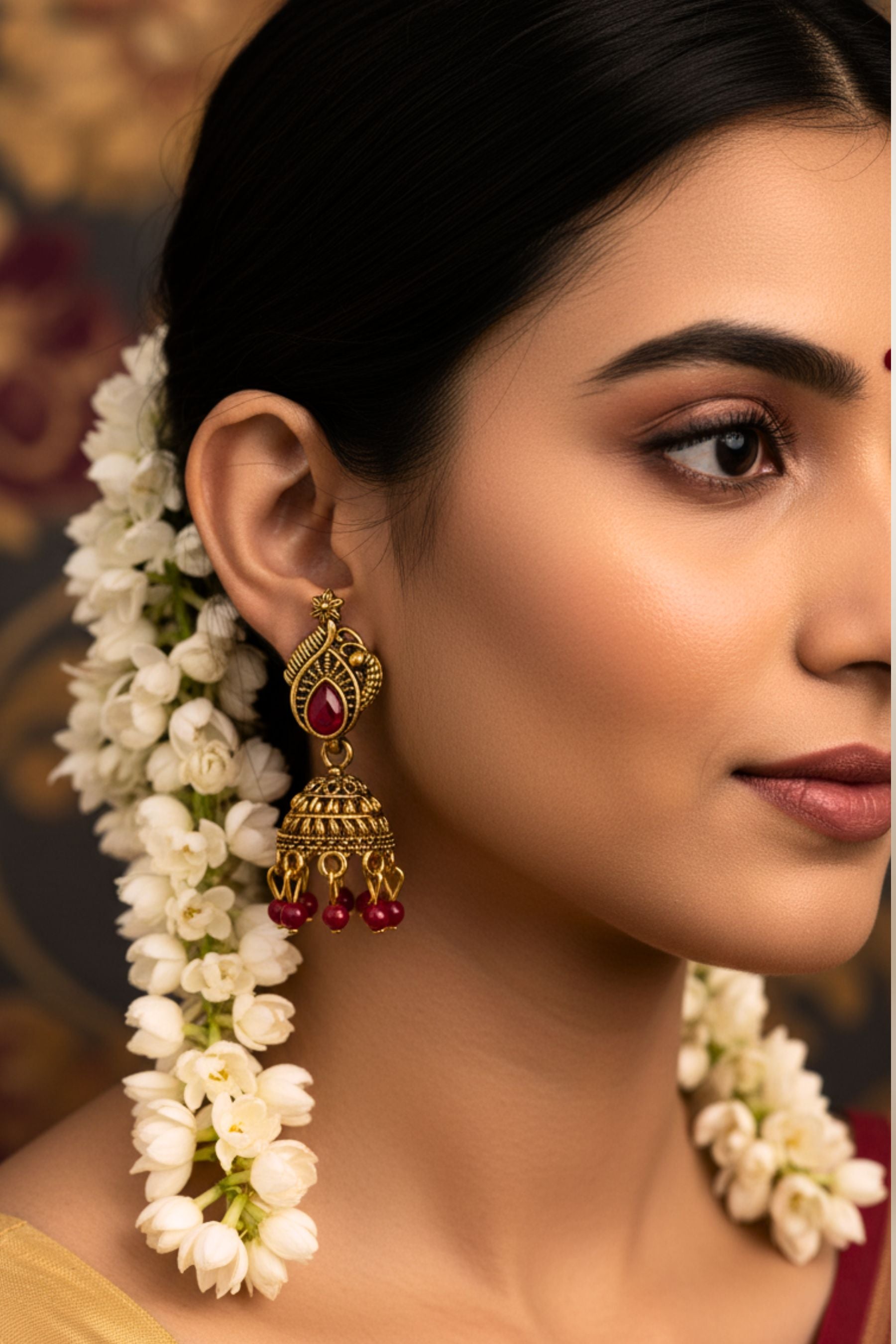 Red Antique Leaf-Design Jhumka Earrings for Women —