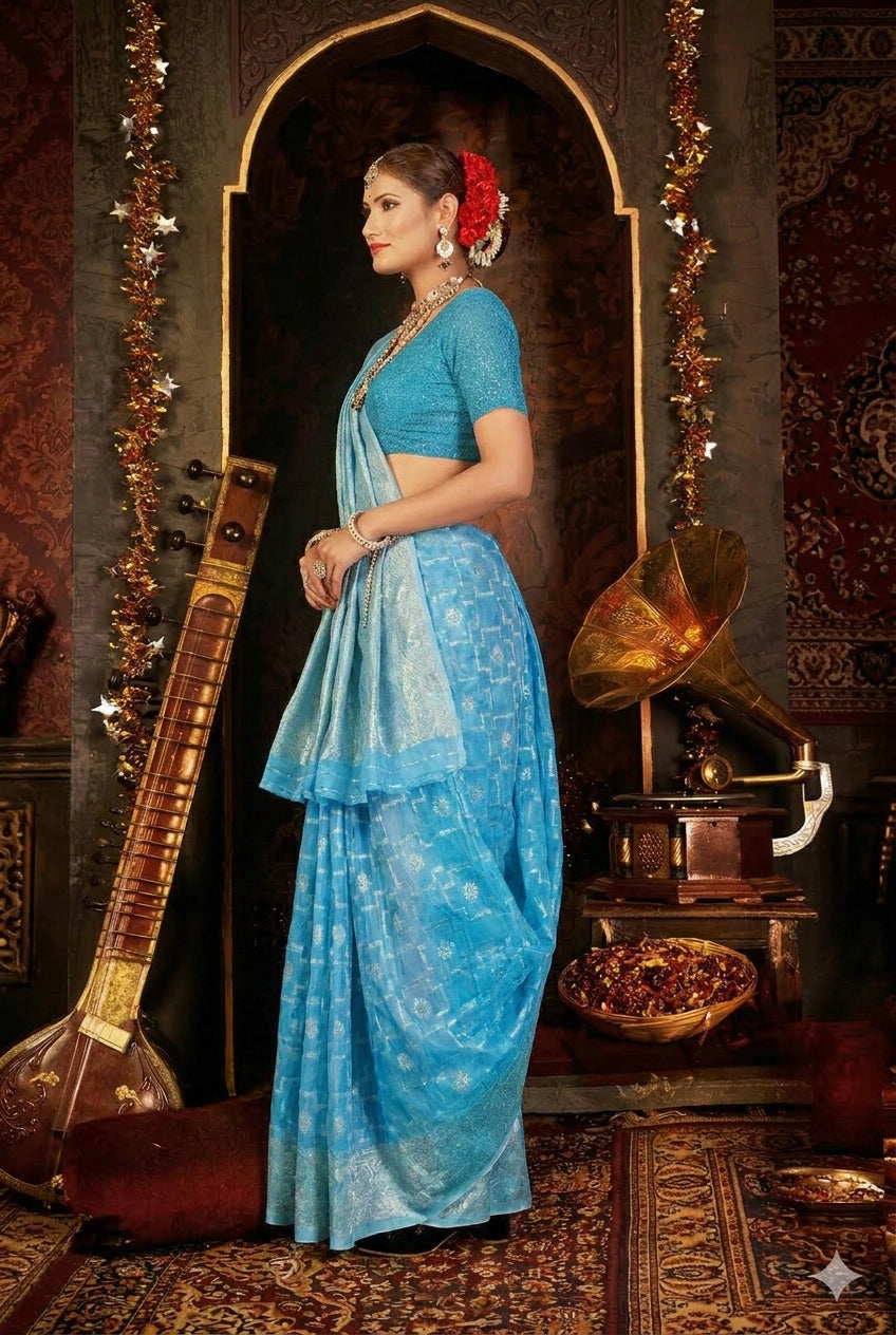 Sky Blue Candy Crush Cotton Weaving Saree with Blouse