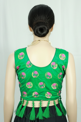 Green Readymade Designer Padded Blouse with Jari Work, Tassels & Back Knot, Elbow Sleeve, Fully Stitched