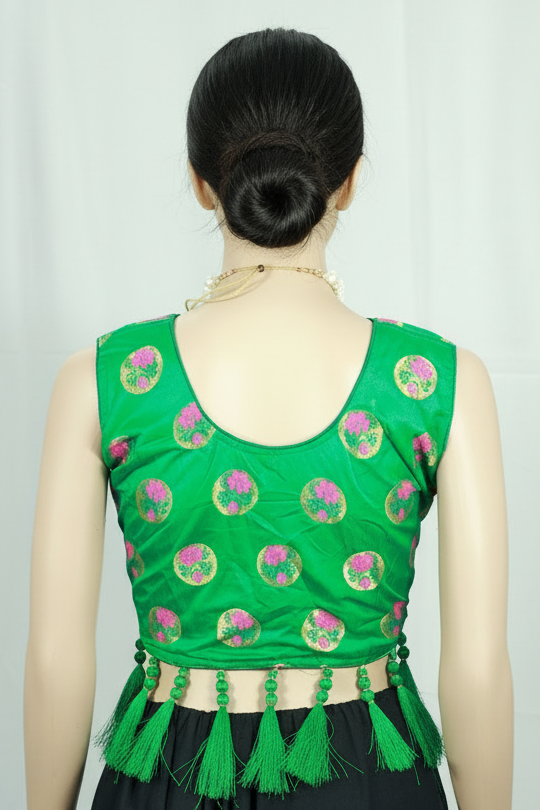 Green Readymade Designer Padded Blouse with Jari Work, Tassels & Back Knot, Elbow Sleeve, Fully Stitched