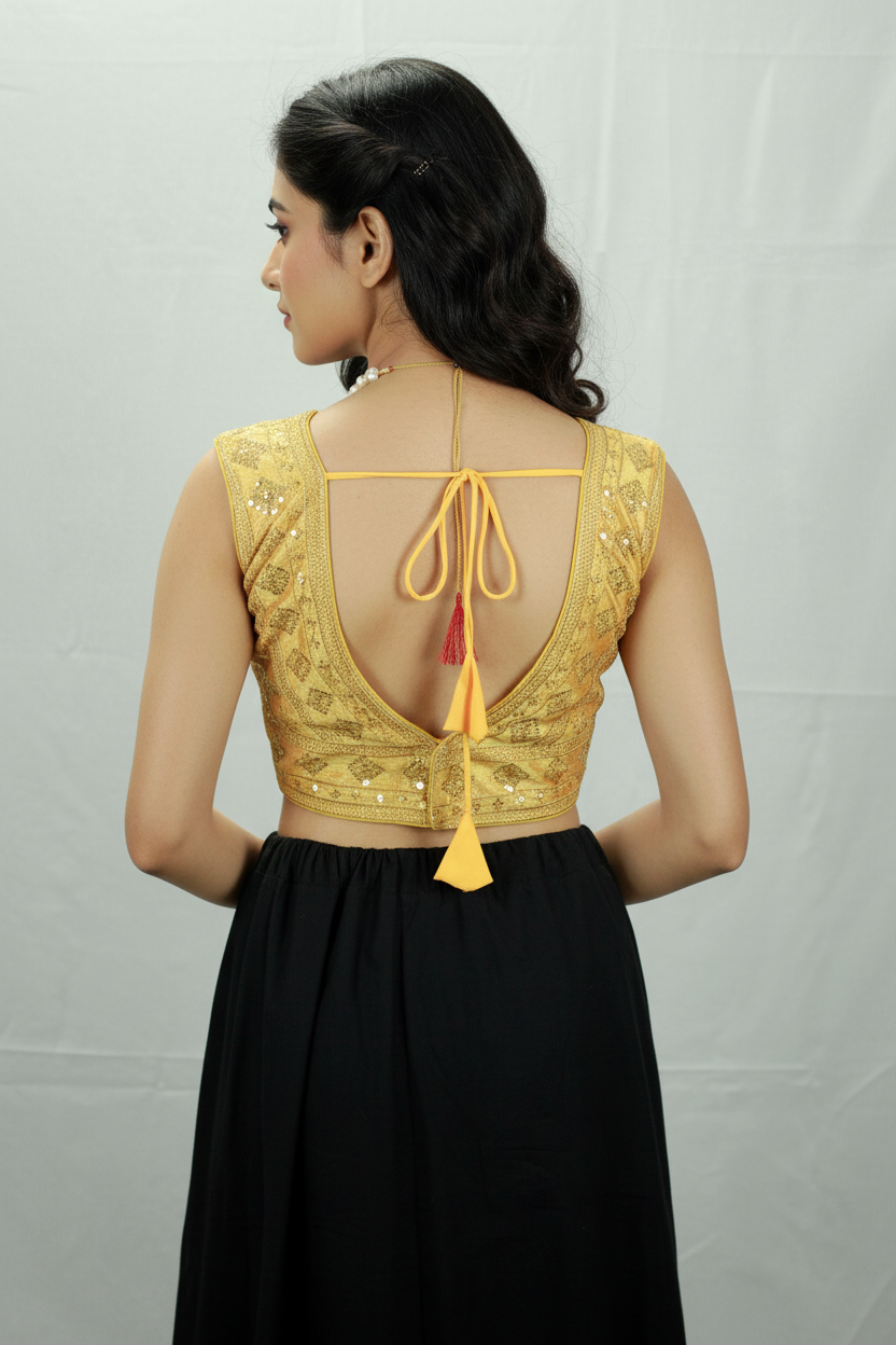Yellow Padded Sleeveless Designer Blouse with Heavy Gold Thread Embroidery and Sequin Work, Back Knot