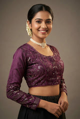 Purple Sequence Padded Full Sleeve Readymade Designer Blouse with Back Knot & Stitchable Fit