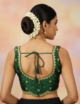 Green Sequin Floral Padded Readymade Blouse, Sleeveless with Back Knot, Fully Stitched Party Wear for Women