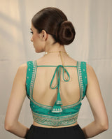 Teal Blue Deep Neck Zari Border Padded Readymade Blouse for Saree/Lehenga (Sleeveless) - Fully Stitched
