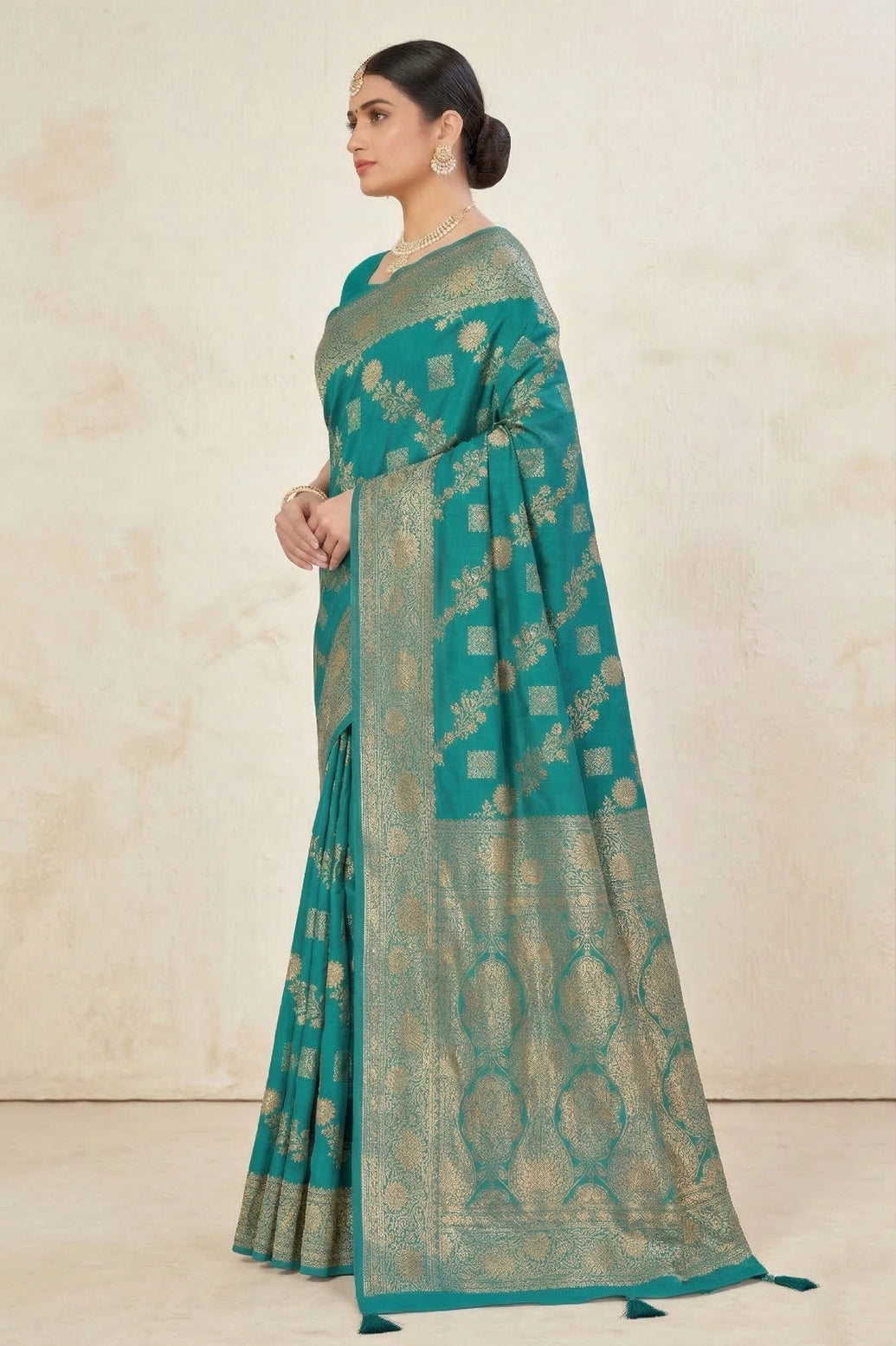 Ajmera Fashion Rama Blue Banarasi Soft Silk Zari Woven Saree with Floral Motifs and Tassel Border