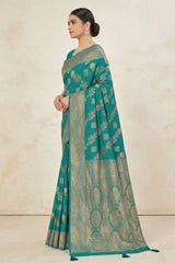 Ajmera Fashion Rama Blue Banarasi Soft Silk Zari Woven Saree with Floral Motifs and Tassel Border