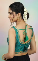 Teal Blue Sequin Floral Padded Sleeveless Readymade Designer Blouse with Back Knot, Fully Stitched