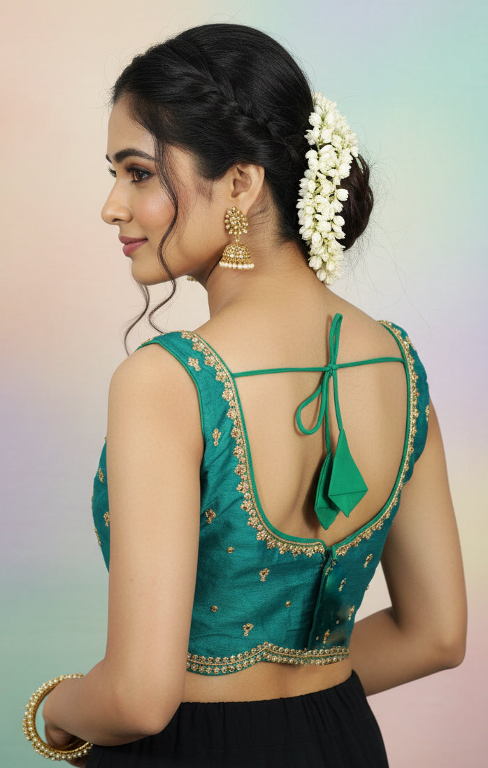 Teal Blue Sequin Floral Padded Sleeveless Readymade Designer Blouse with Back Knot, Fully Stitched