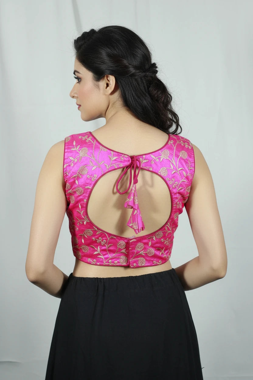 Magenta Ready to Wear Designer Padded Blouse with Golden Floral Embroidery, Sleeveless, Back Knot