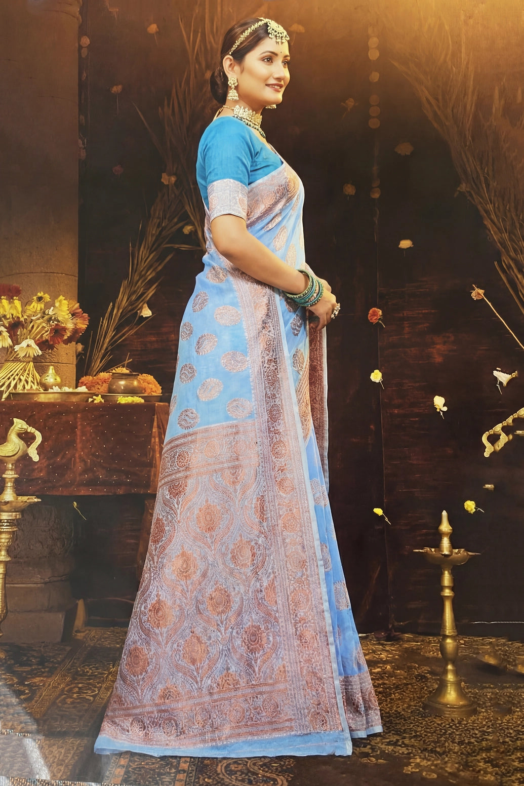 Sky Blue Cotton Shimmer Saree with Stone Work and Grand Pallu, Designer Saree with Blouse