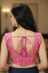 Pink Sleeveless Padded Designer Blouse with Gold Thread Embroidery and Sequin Work, Back Tie Knot