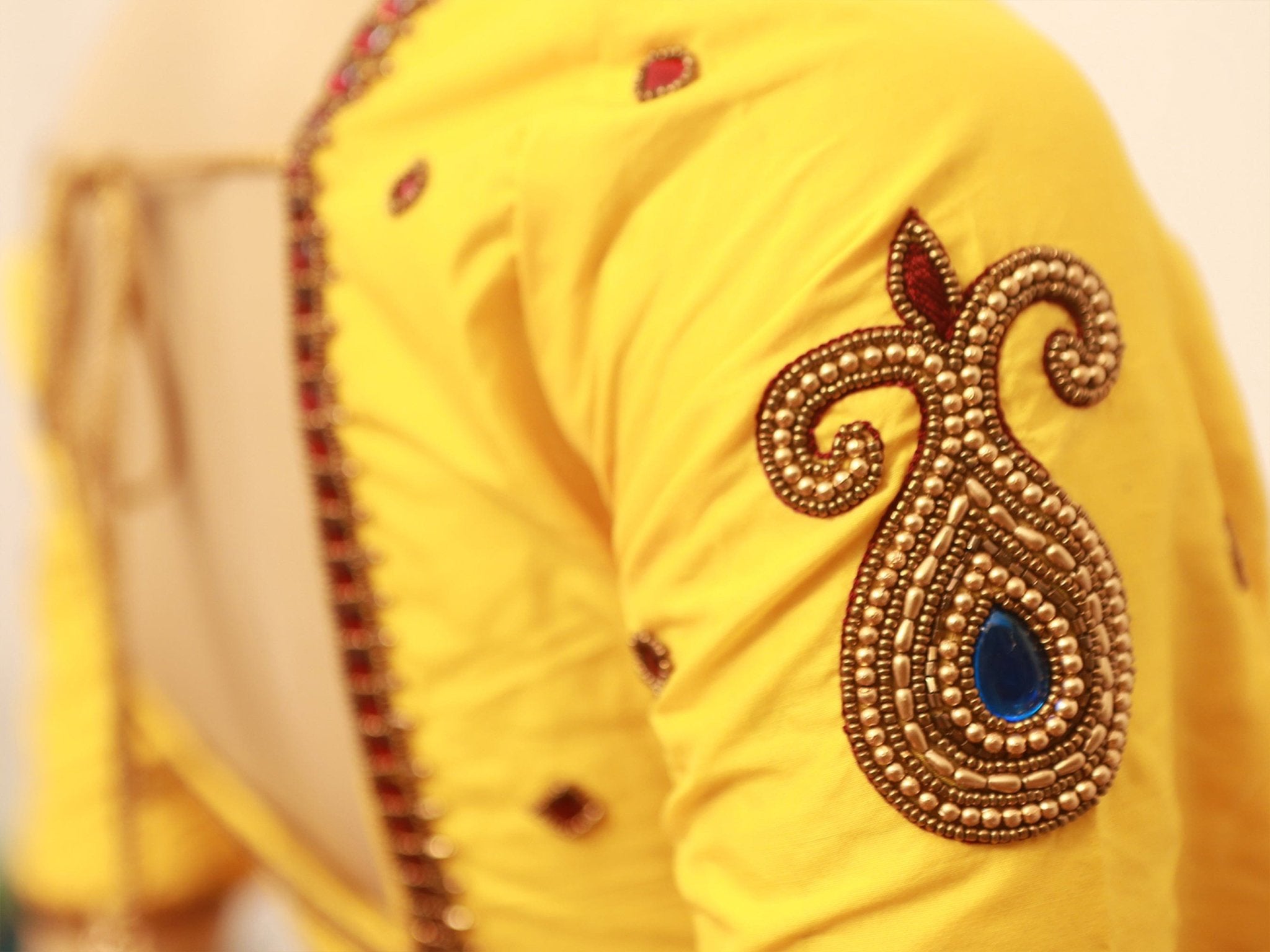 Yellow Aari Work Bridal Blouse - Indian Designer