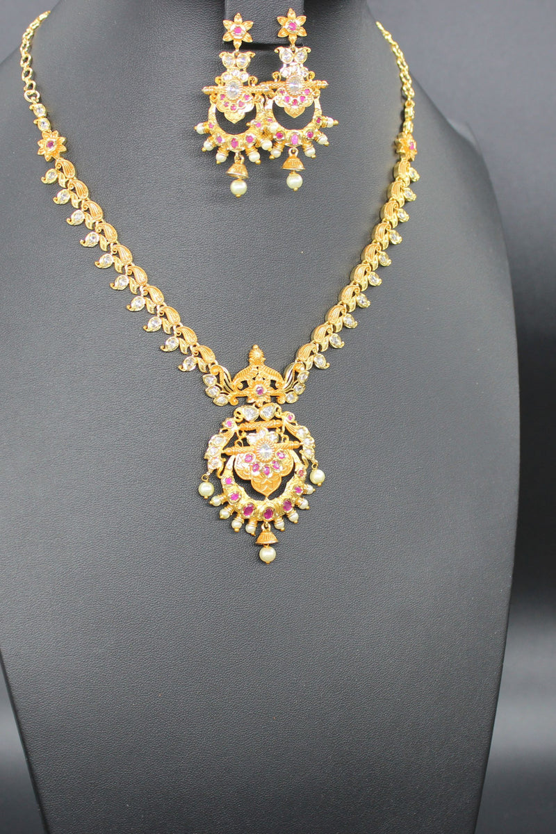 Premium Quality, Gold finish AD necklace Pink and white stone