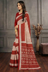 Red & White Cotton Printed Saree with Traditional Border, Everyday Wear for Women