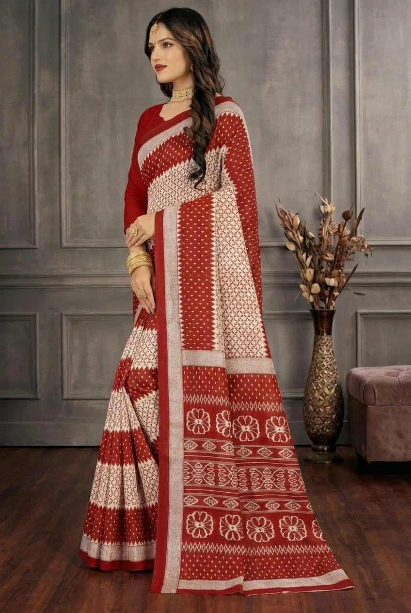 Red & White Cotton Printed Saree with Traditional Border, Everyday Wear for Women