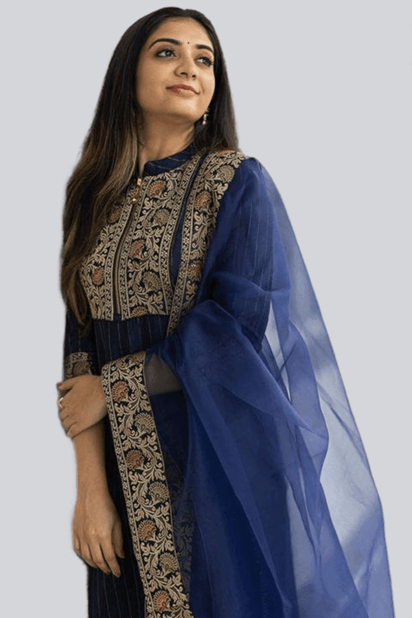 Stylish Silk cotton Salwar with banarasi lace work in Blue