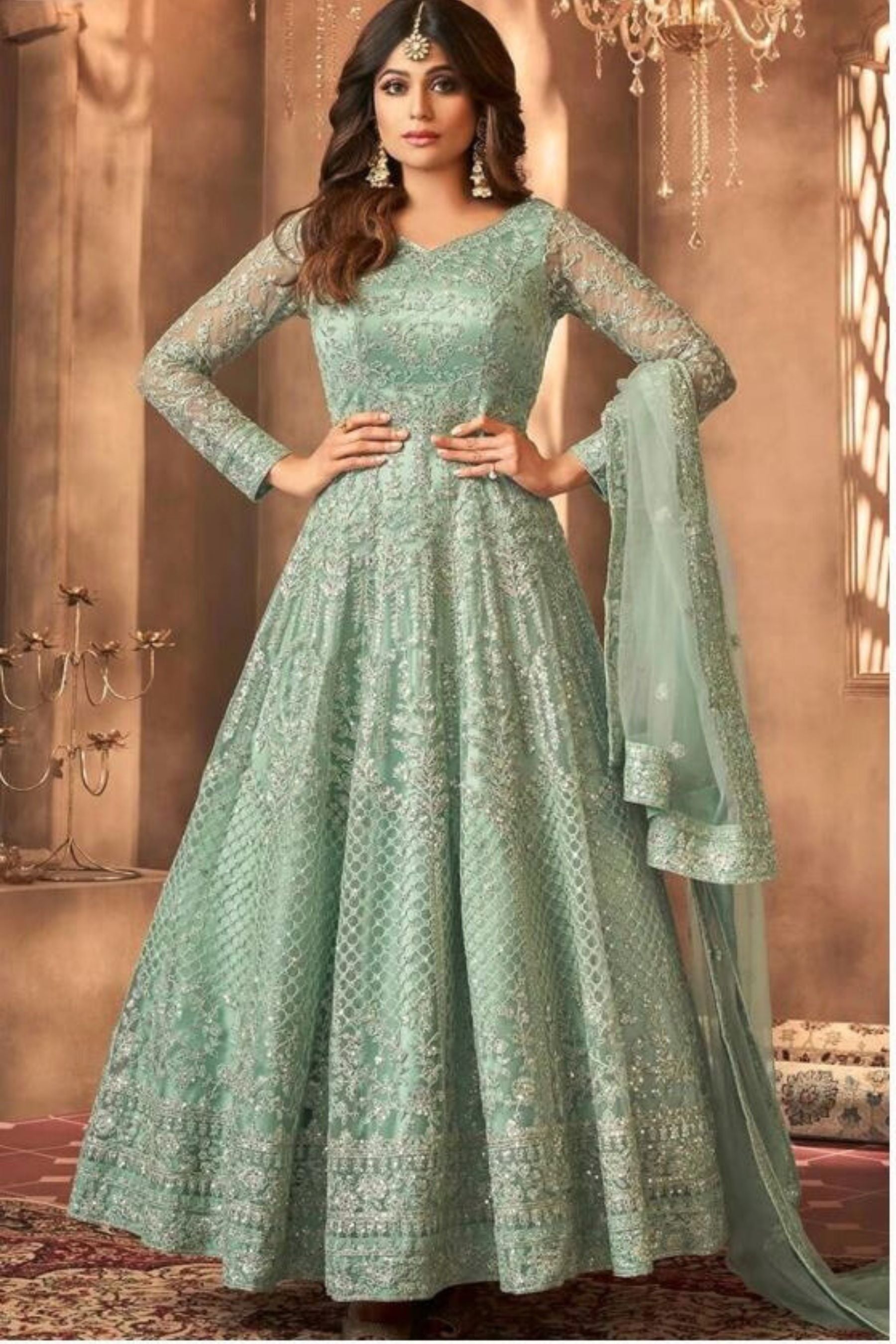 Heavy Embroidery and Sequins work Floor Length Kurti in Green KURTI JCS Fashions Green Small (36)