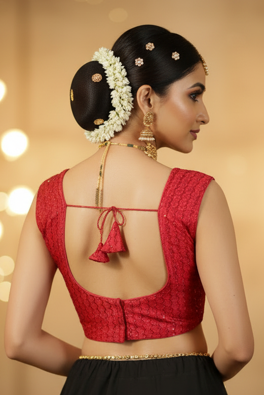 Red Readymade Padded Designer Blouse, V-Neck Sequins & Embroidery, Back Knot, Sleeveless