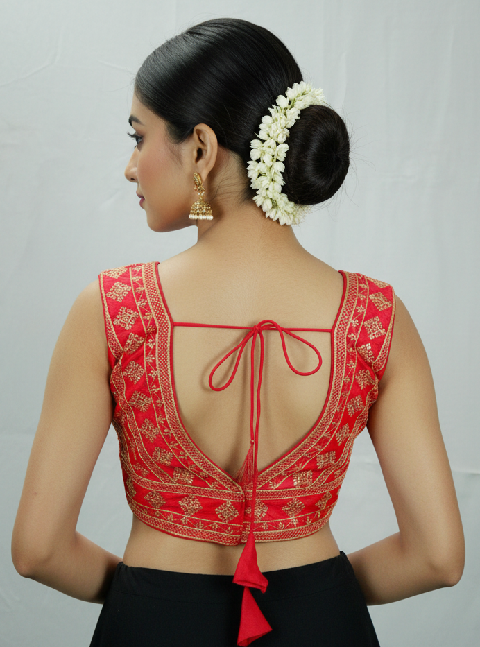 Red Readymade Designer Padded Sleeveless Blouse with Gold-Tone Embroidery & Sequin Work, Back Knot