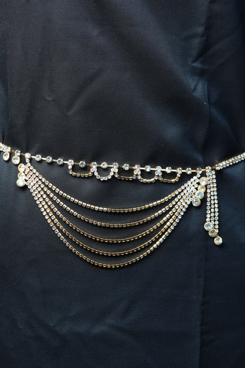 Golden Elegance: Multi-Layer Stone Hip Chain with White Stones