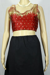 Maroon Readymade Designer Padded Sleeveless Blouse with Zari Embroidery Scalloped Pattern and Back Knot