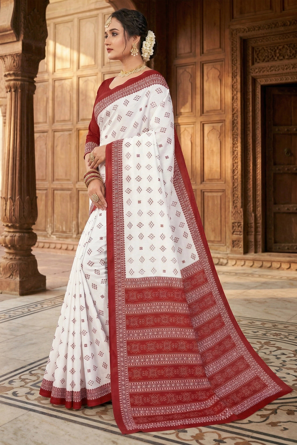 Red & White Pure Cotton Printed Saree with Border, 5.5 Meters, Traditional Daily Wear Women Saree