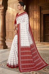 Red & White Pure Cotton Printed Saree with Border, 5.5 Meters, Traditional Daily Wear Women Saree