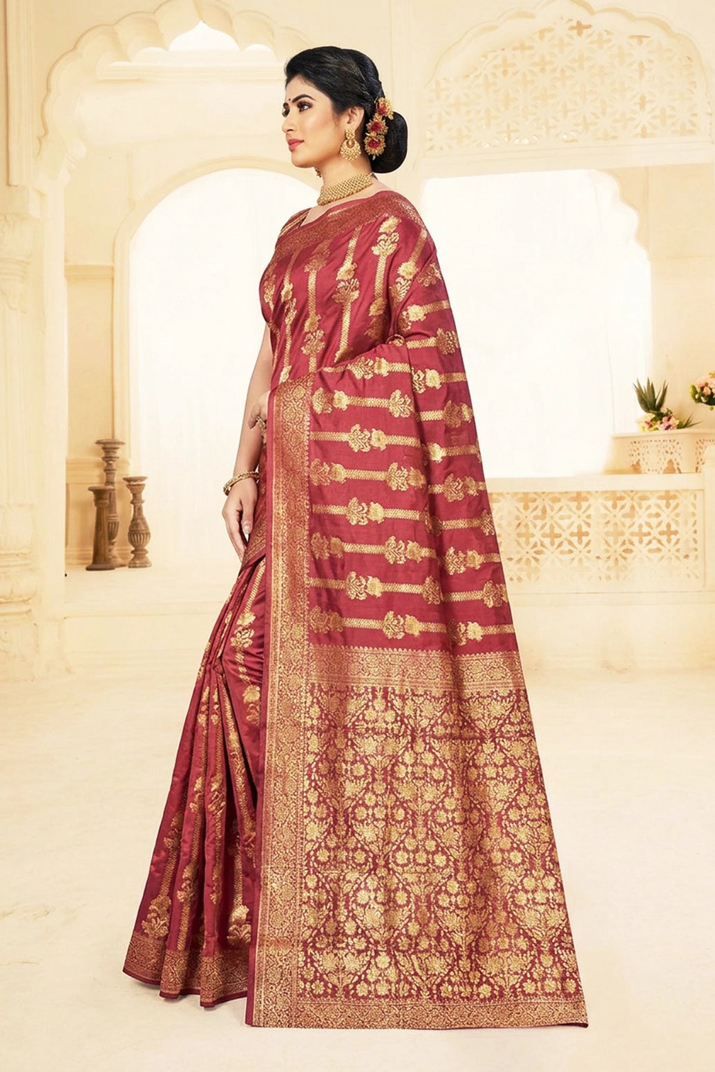 Maroon Organza Silk Designer Saree with Floral Jaal, Grand Pallu and Zari Border, Comes with Blouse