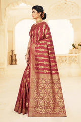 Maroon Organza Silk Designer Saree with Floral Jaal, Grand Pallu and Zari Border, Comes with Blouse