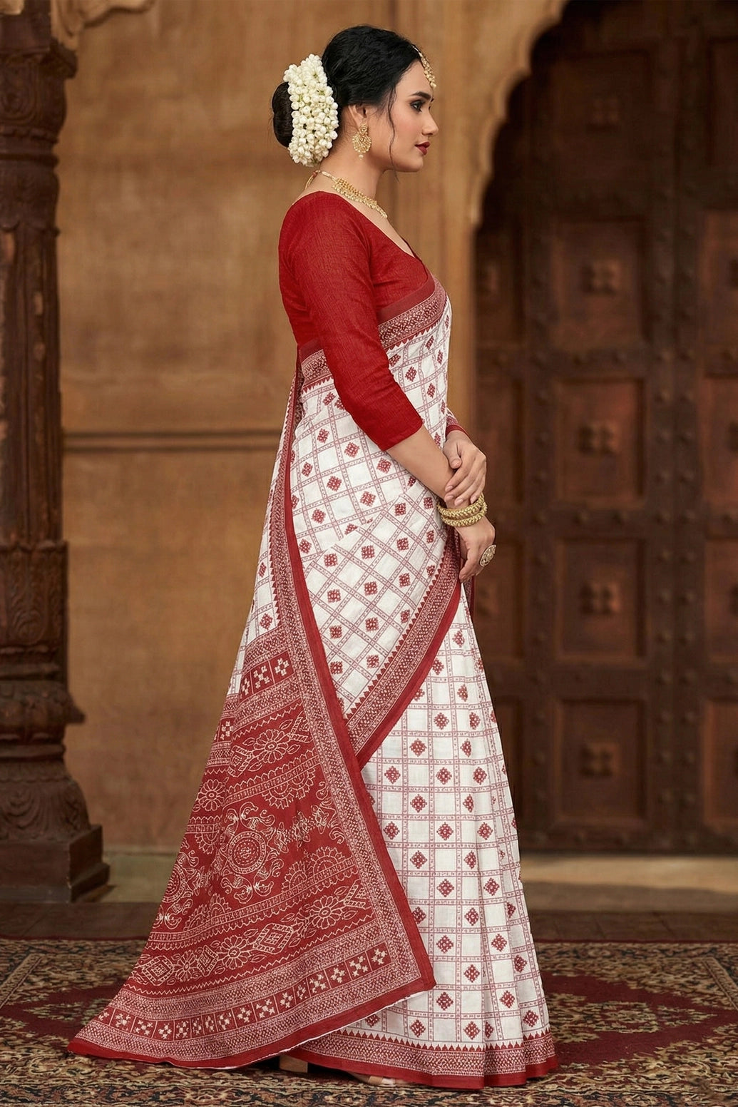 Red Velvet Printed Pure Cotton Saree with Border, White Base, Saree Only (Blouse Not Included), Ajmera Fashion