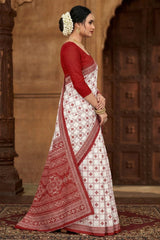 Red Velvet Printed Pure Cotton Saree with Border, White Base, Saree Only (Blouse Not Included), Ajmera Fashion