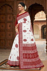 White & Red Pure Cotton Printed Saree with Border | Traditional Velvet-Style