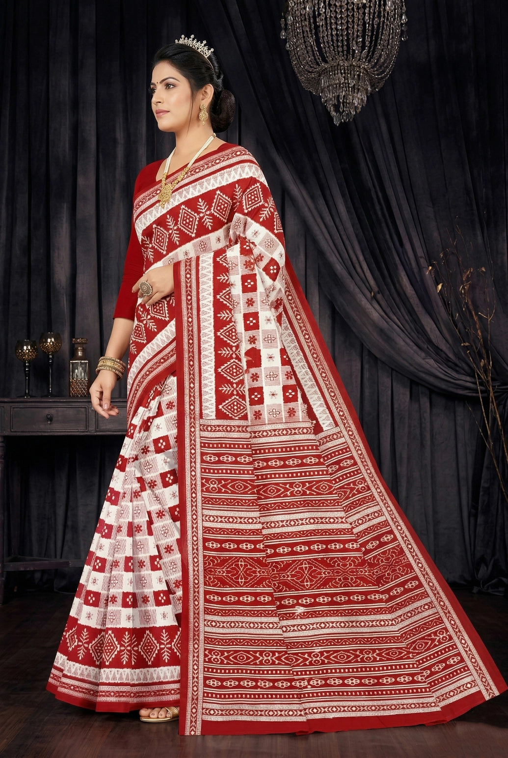 Red & White Cotton Printed Saree with Traditional Border, Ethnic Daily Wear for Women