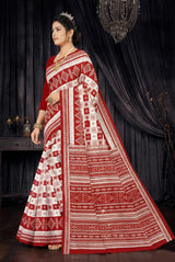 Red & White Cotton Printed Saree with Traditional Border, Ethnic Daily Wear for Women