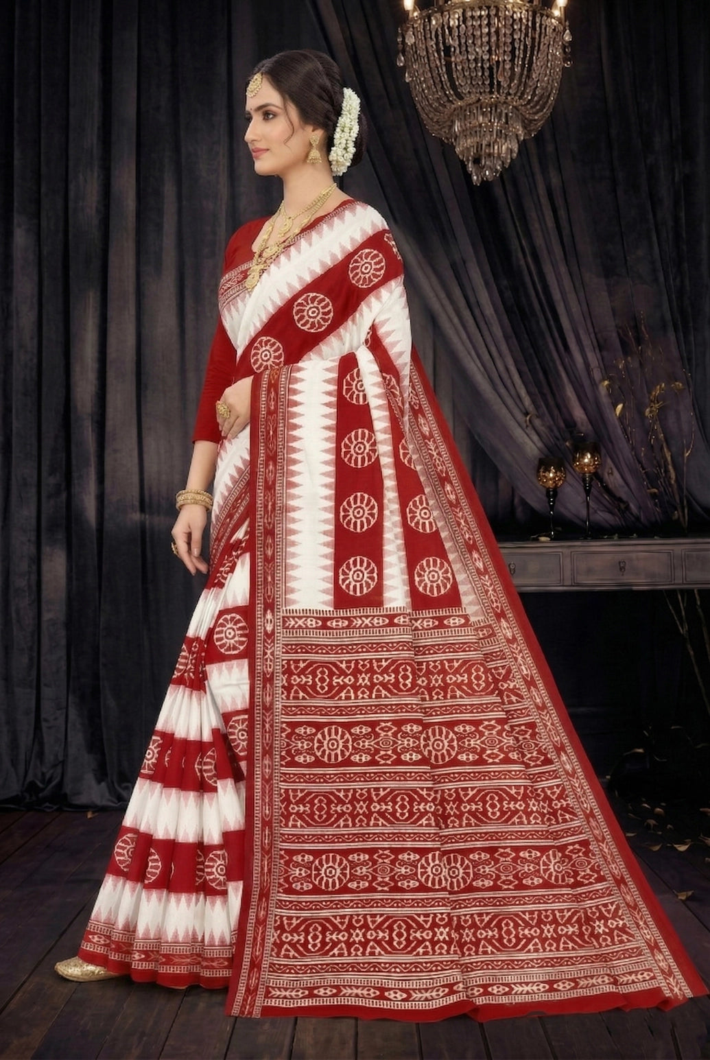 Red & White Cotton Printed Saree with Border Design for Women | Ajmera Fashion