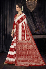 Red & White Cotton Printed Saree with Border Design for Women | Ajmera Fashion