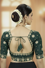 Green Readymade Padded Designer Blouse with Floral Embroidery and Sequin Work, Elbow Sleeve, Back Knot
