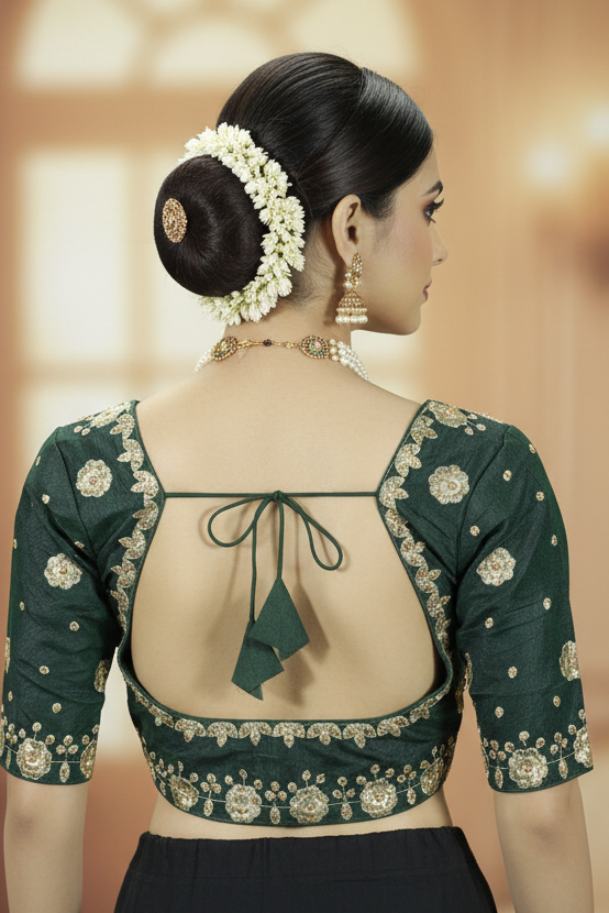 Green Readymade Padded Designer Blouse with Floral Embroidery and Sequin Work, Elbow Sleeve, Back Knot