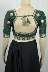 Green Embroidered Padded Readymade Blouse with Sequins, Elbow Sleeve, Back Tie Knot, Floral Design