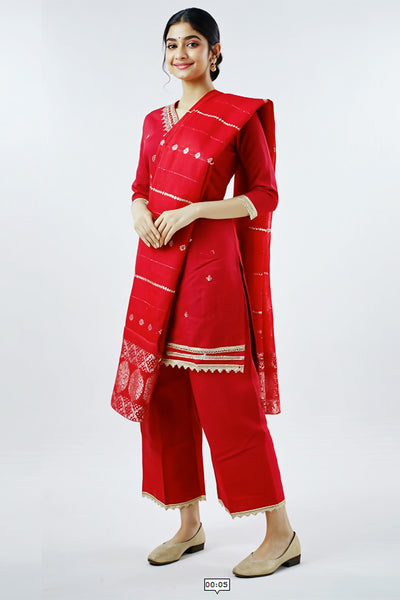 Roman Silk Rani Pink Three-Piece Kurti Set with Banarasi Dupatta - AI Model Photo 1